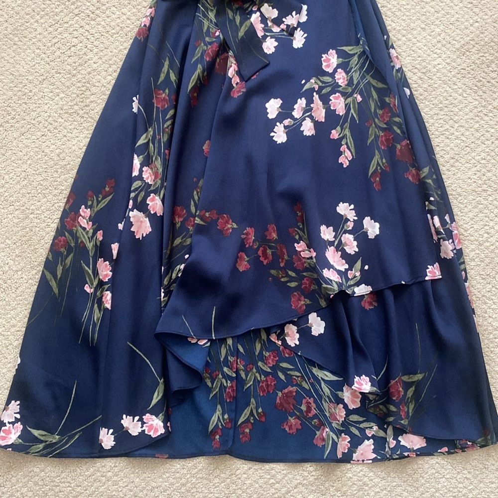 DKNY Midi Floral Dress Size 4 Flutter Sleeve Tie Waist Navy Easter Garden Party - Picture 4 of 15